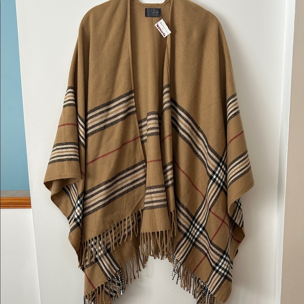 Tan Plaid Fringe Poncho